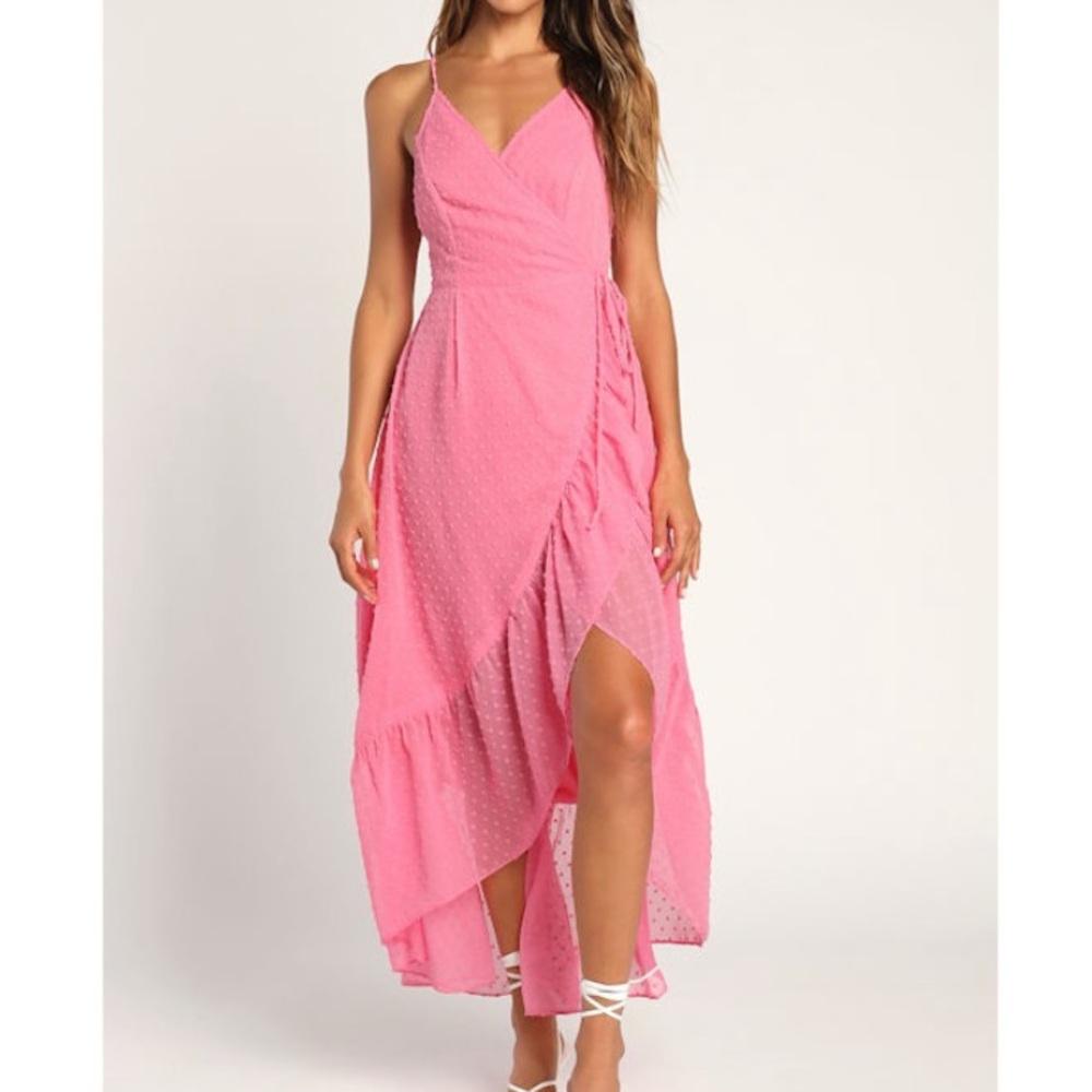 Lulus Bubblegum Pink Swiss Dot Effortlessly Easy High-Low Midi Wrap Dress XS